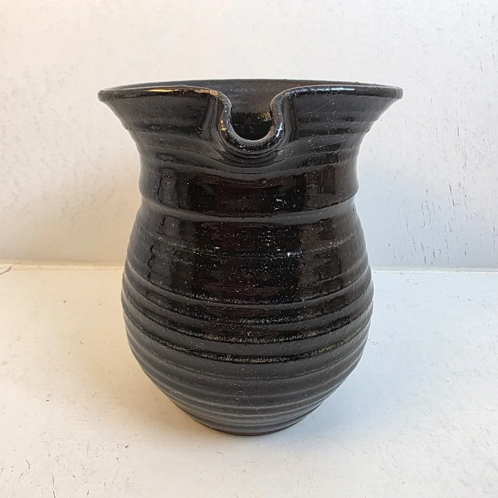 Vintage Studio Pottery Black Glazed Stoneware Pitcher‎ Ribbed Handcrafted Jug
